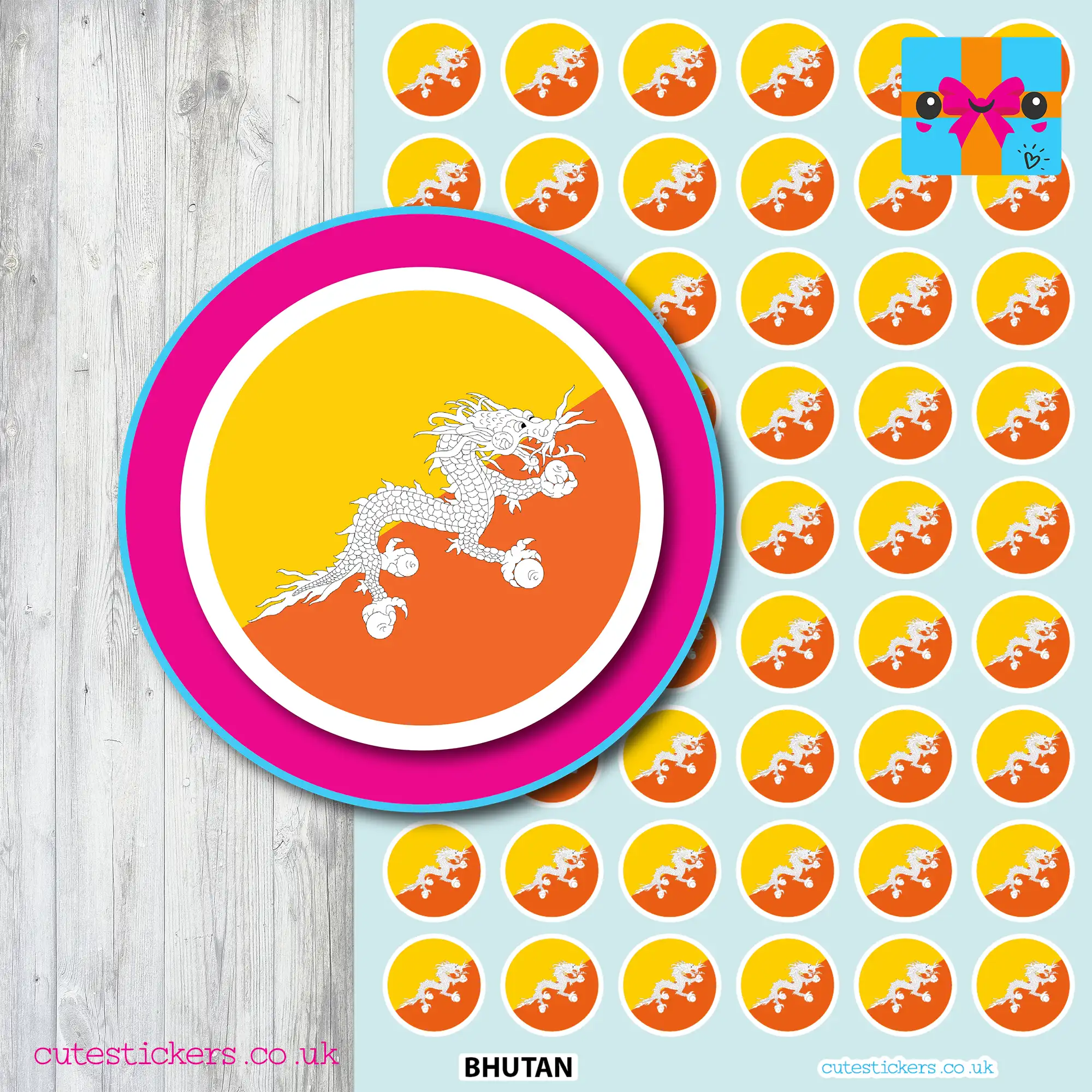 Bhutan ROUND flag stickers 6 sizes