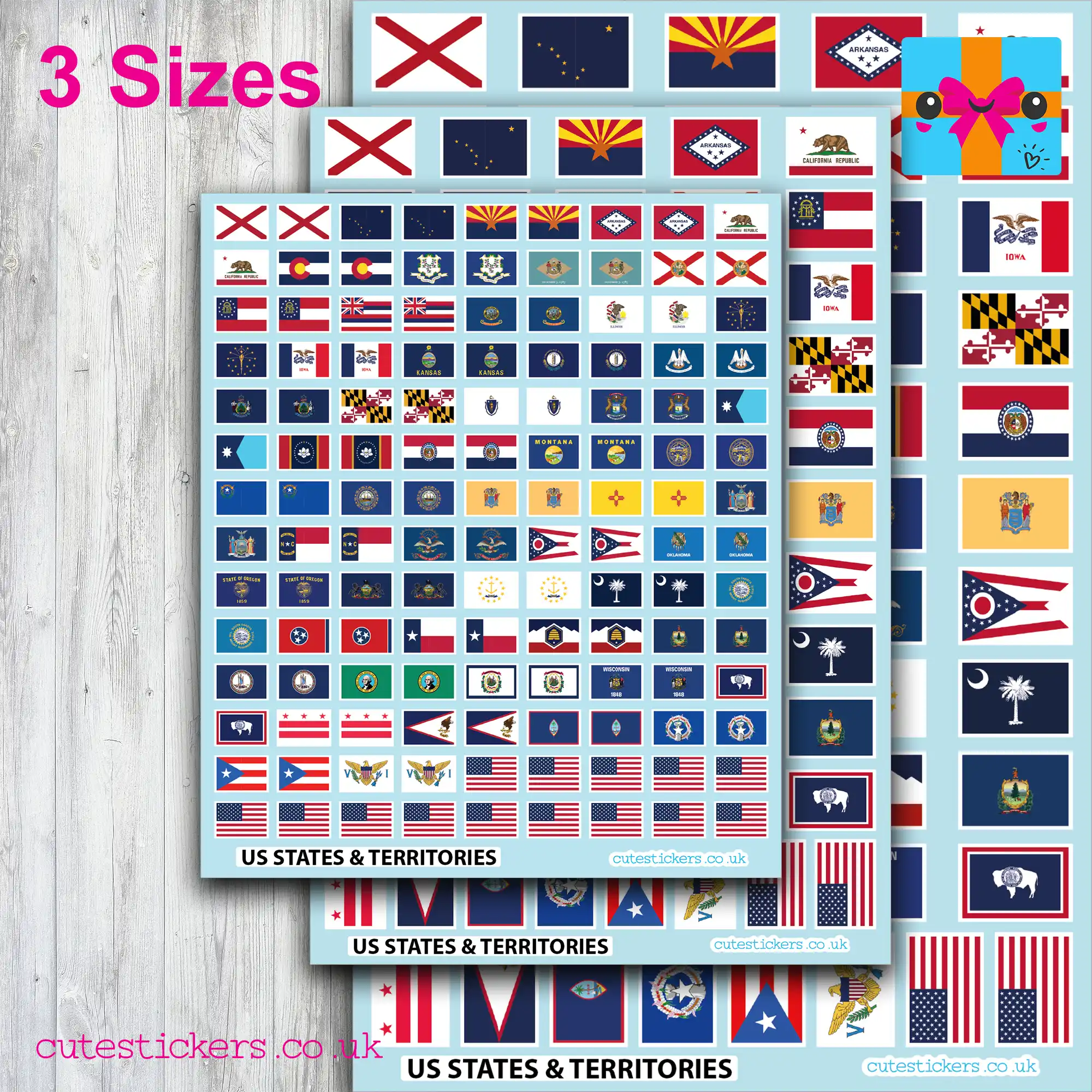 US States Territories Flag Stickers 3 sizes